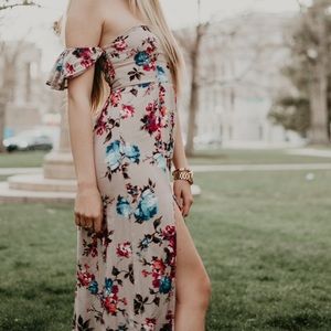 Band of Gypsies Nude midi dress with Pink and Blue floral design with slits